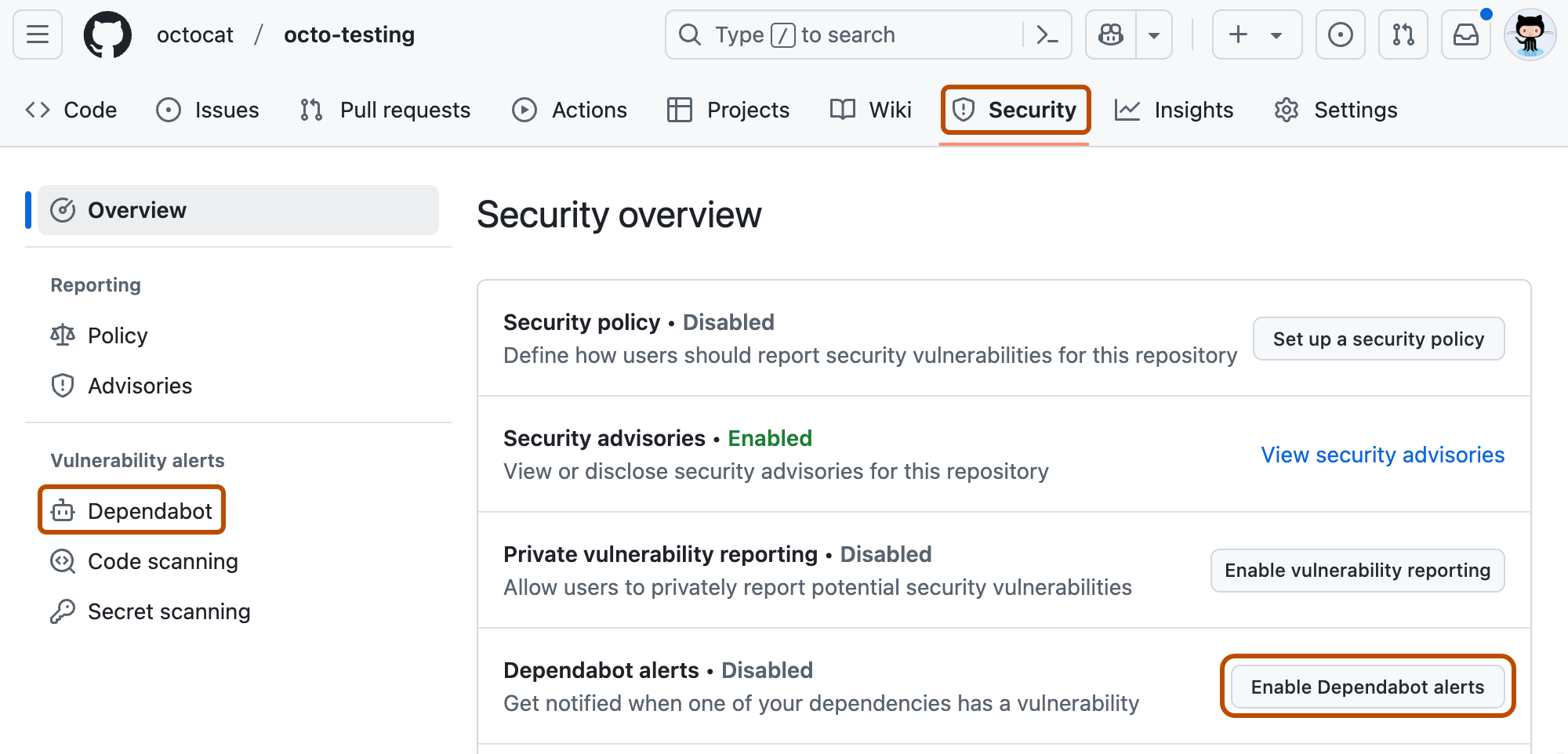 存储库的“安全性”页面的屏幕截图。 “Security”选项卡、“Dependabot”选项卡和“Enable Dependabot alerts”按钮以橙色框显示。