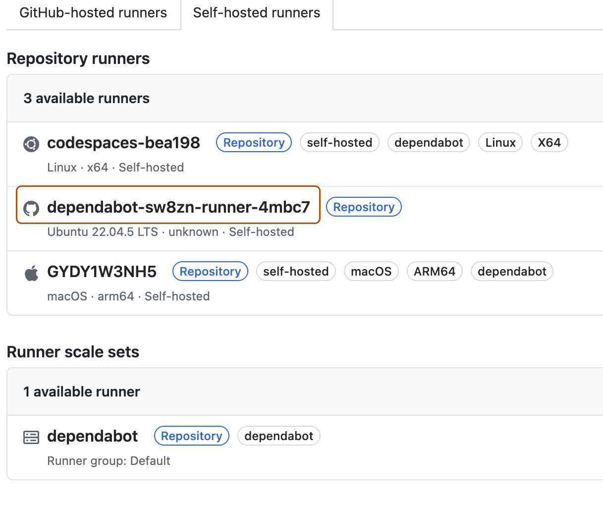 使用できるランナーの一覧にある dependabot ランナーを示すスクリーンショット。 ランナーがオレンジ色の枠線で強調表示されています。